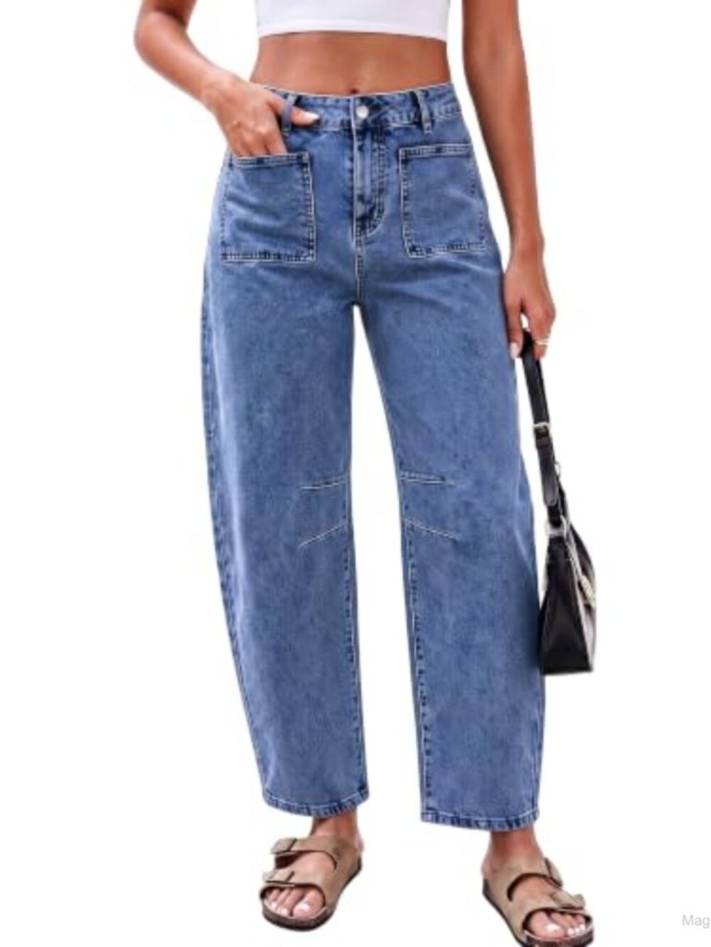 High Waisted Wide Leg Cropped Barrel Jeans Women Stretch Denim Patch Pockets 26